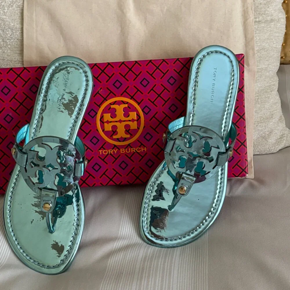 Tory Burch Miller Mirrored Metallic Sandal- Teal Color - Picture 3 of 11